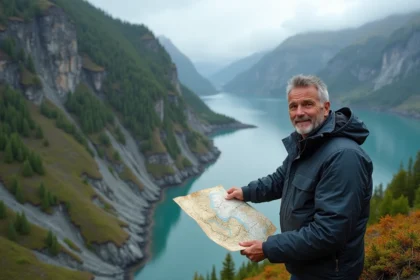 Géologue en extérieur face à la falaise de Lituya Bay