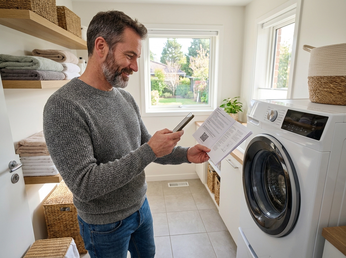 Homme scannant un manuel de lave linge