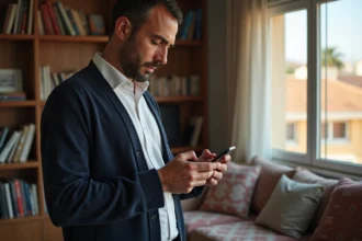 Homme d'Afrique du Nord vérifiant l'heure de prière sur son smartphone