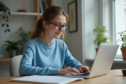 Jeune femme avec ordinateur et carte de France à la maison