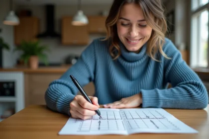 Jeune femme en sweater bleu joue à la bataille navale à la maison