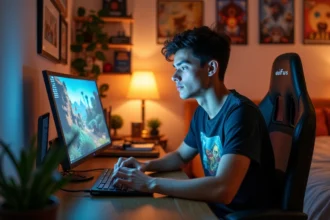 Jeune homme concentré jouant à Dofus sur un ordinateur portable dans sa chambre