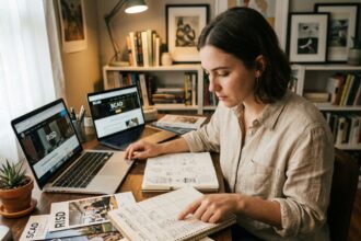 Jeune femme comparant des brochures de cursus artistiques sur un bureau en bois encombré de documents et d'ordinateurs portables ouverts