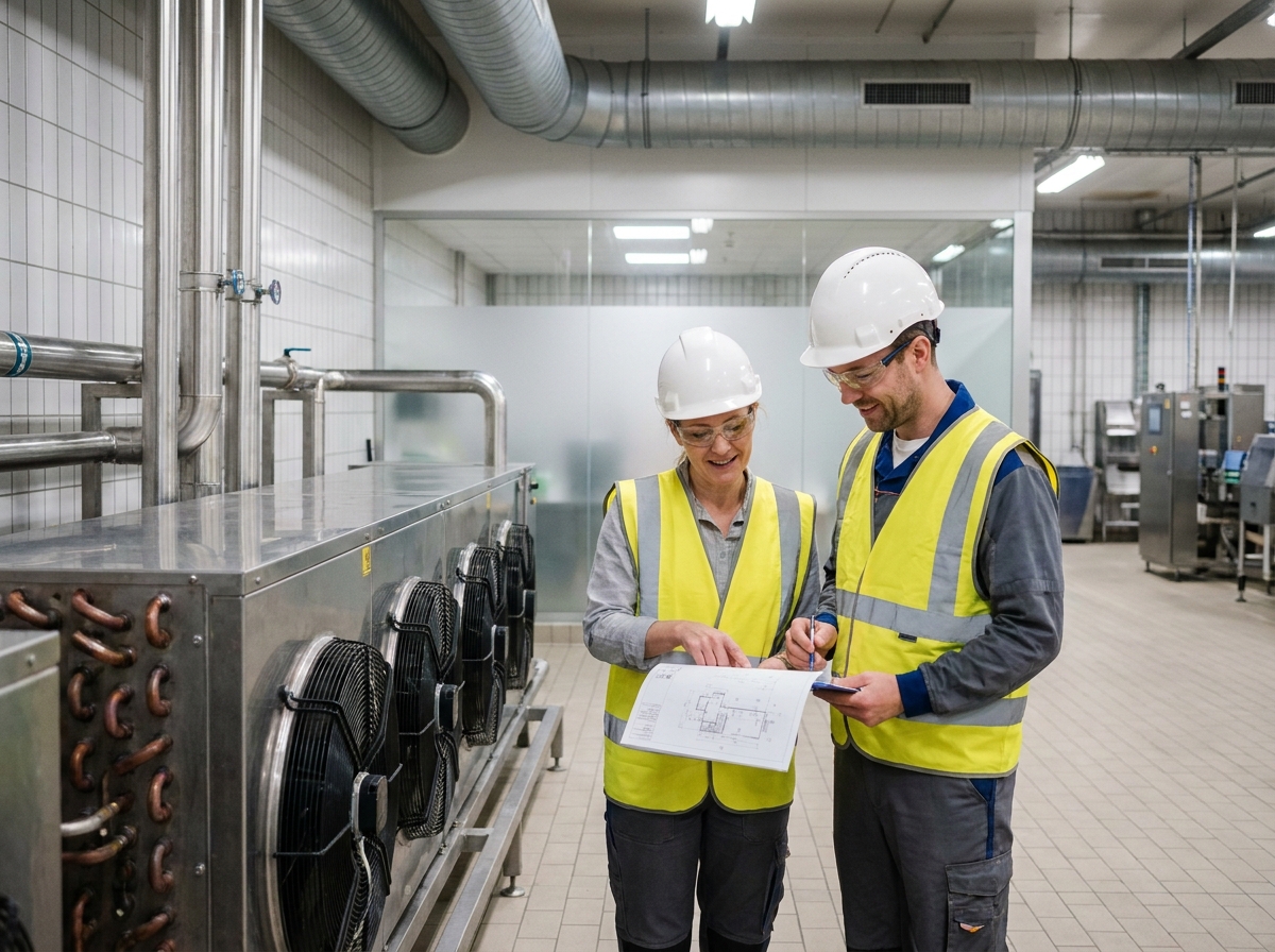 Deux ingénieurs examinant des documents techniques devant des condenseurs industriels dans une usine agroalimentaire