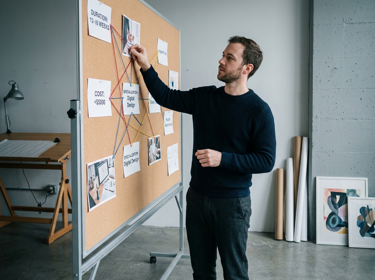 Homme organisant une carte visuelle sur un tableau en liège pour comparer différents cursus et formations en art dans un studio créatif