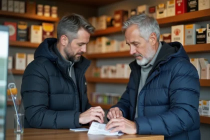 Homme comparant les prix de cartouches de cigarettes dans un bureau de tabac au Luxembourg