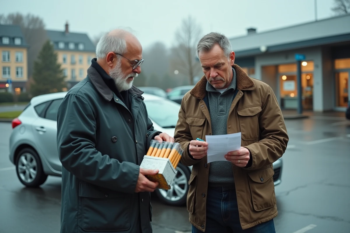 Deux hommes comparant leurs achats de cartouches de cigarettes dans une zone commerciale frontalière au Luxembourg