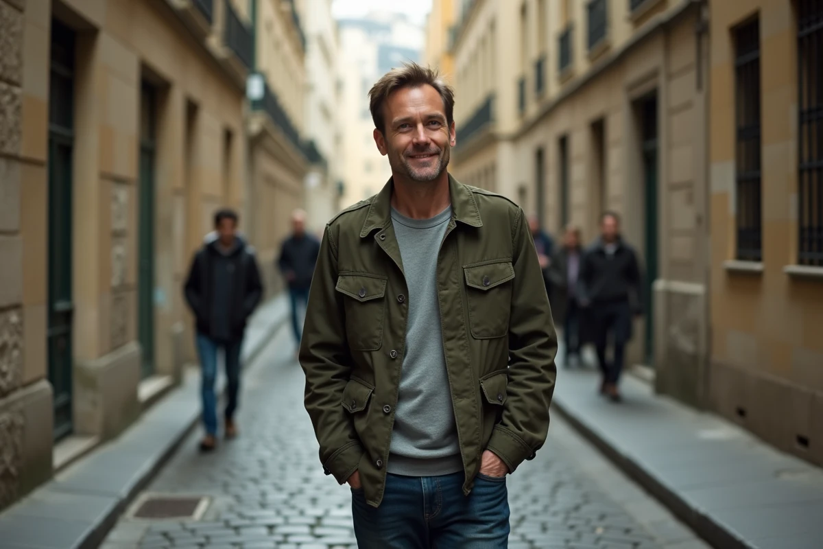Acteur de cinéma d'auteur français marchant dans une ruelle pavée du vieux Paris