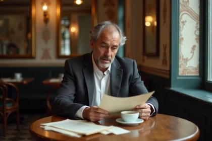 Acteur français d'auteur lisant un scénario dans une brasserie parisienne traditionnelle