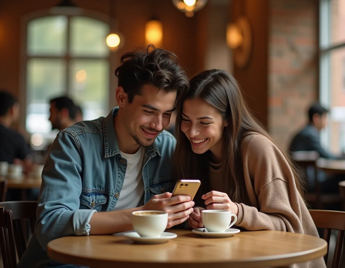 Deux amis lisant ensemble des scans manga en version française sur smartphone dans un café vintage