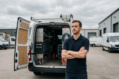 Artisan débutant comparant l'équipement intérieur d'un utilitaire blanc dans une zone industrielle