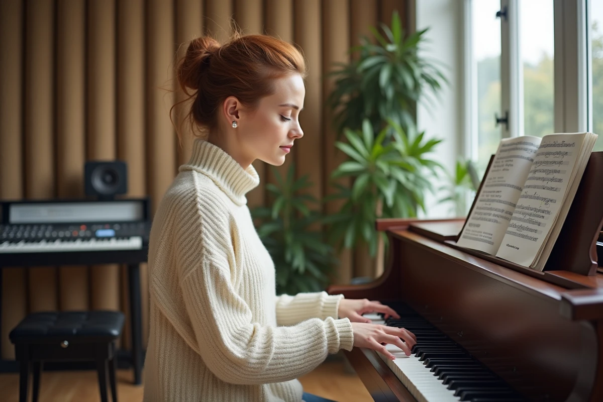 Artiste canadienne composant une chanson en français au piano dans un studio d'enregistrement moderne à Toronto
