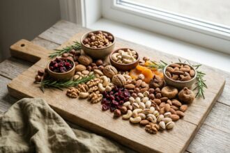 Assortiment de fruits à coque et noix variés sur une planche en bois clair, vue de dessus, snacks sains et naturels