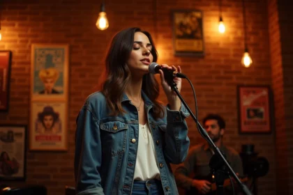 Chanteuse canadienne sur scène dans un club de musique francophone à Montréal, interprétant une chanson devant un public attentif