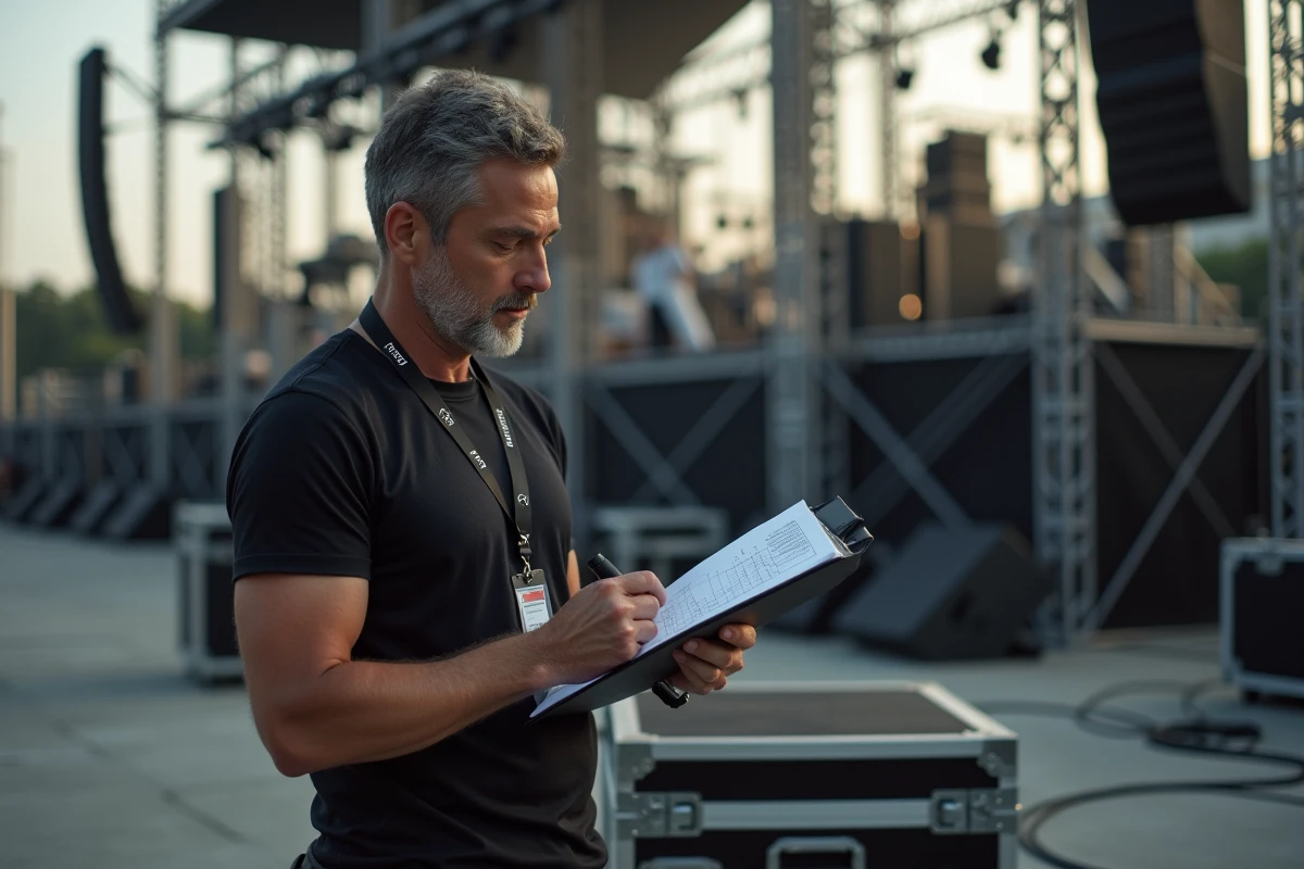 Technicien de scène consultant le programme des Vieilles Charrues en coulisses