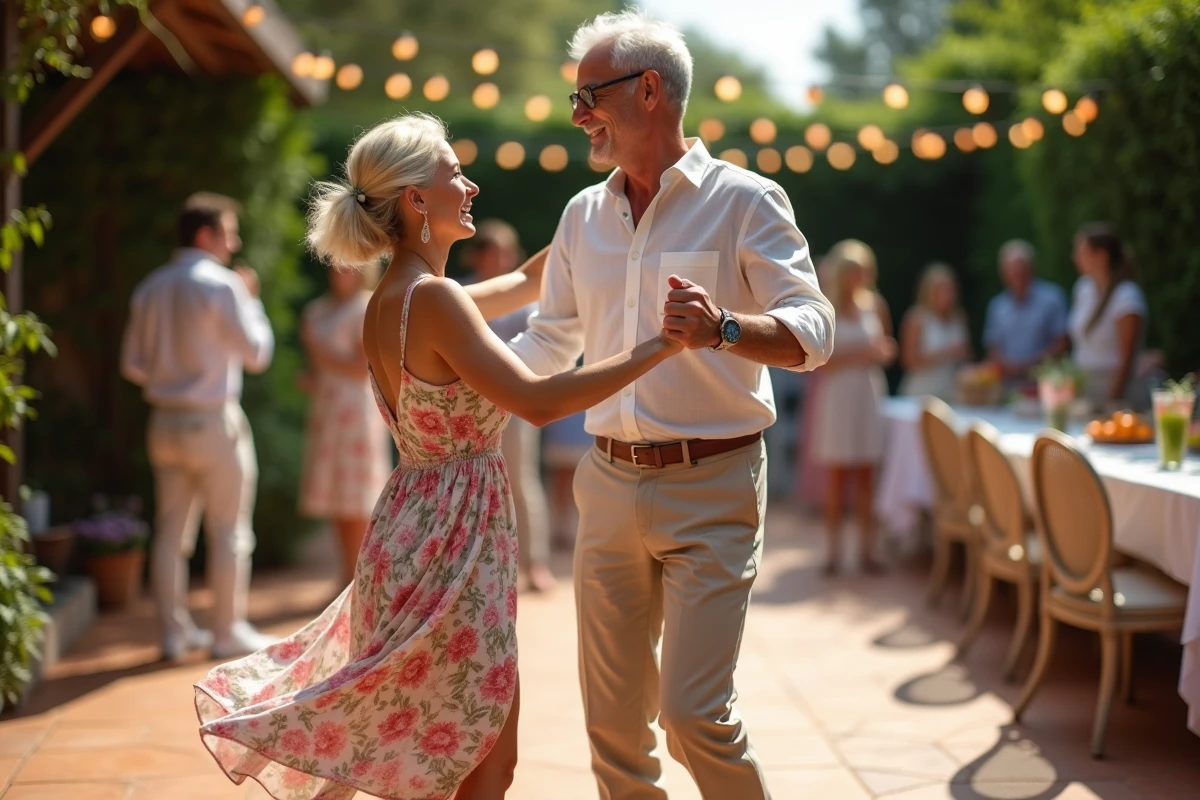 Couple dansant le madison en plein air sur une terrasse lors d'une fête de jardin estivale