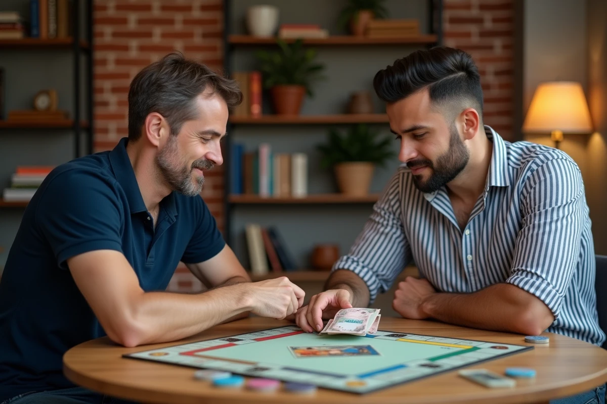 Deux hommes adultes en train de jouer au Monopoly autour d'une table ronde dans un salon avec bibliothèque