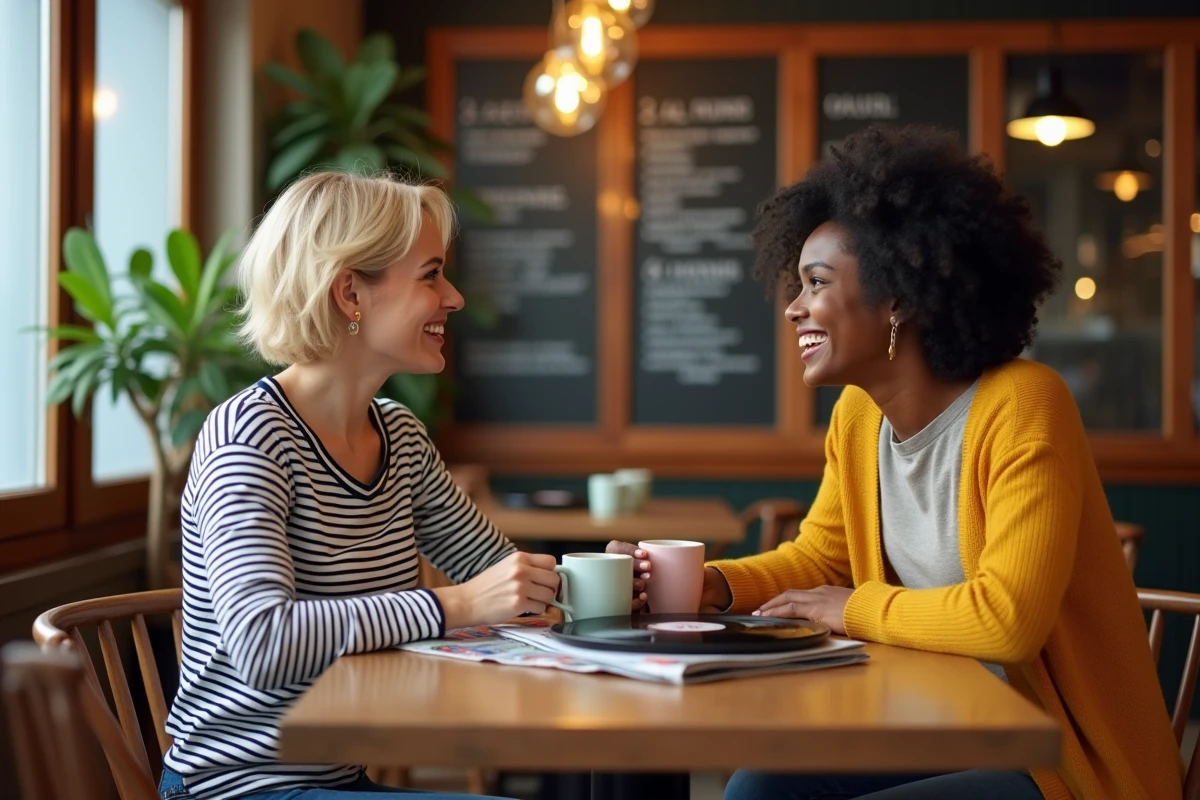Deux femmes discutant de musique francophone canadienne autour de vinyles dans un café typique de Québec