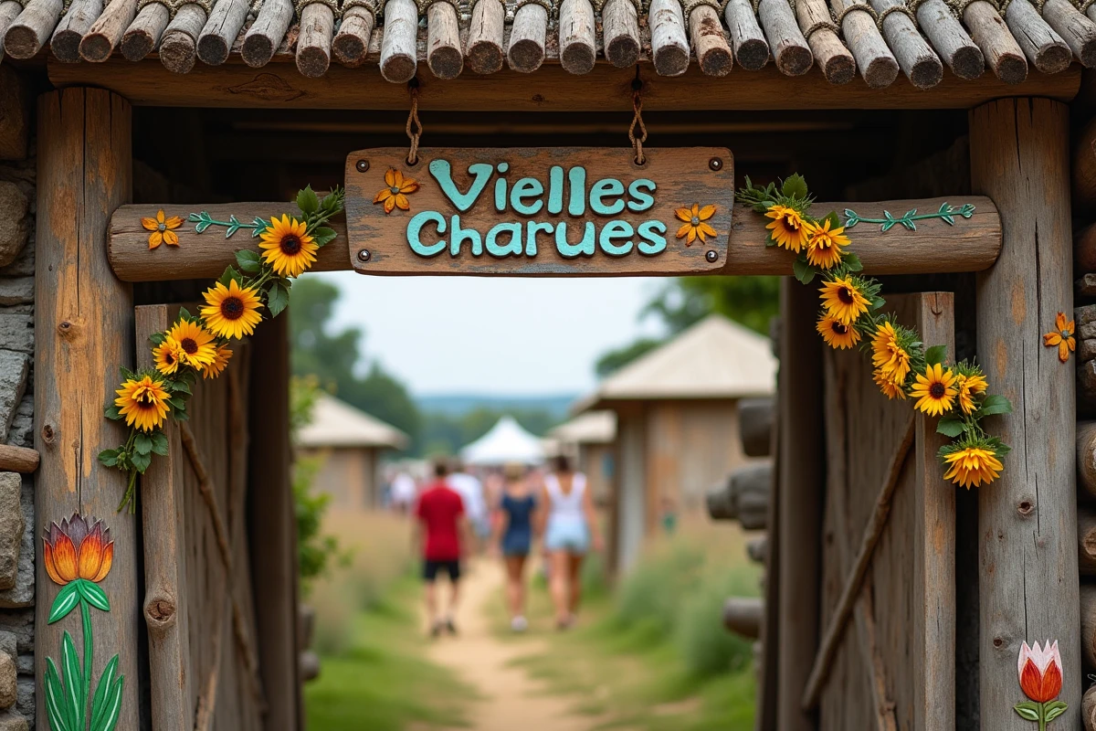 Entrée décorée du festival des Vieilles Charrues avec motifs bretons et guirlandes de fleurs