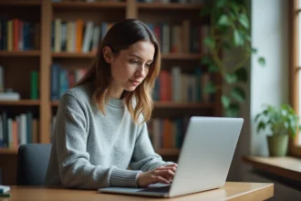 Femme découvrant un nouveau blog sur son ordinateur portable dans un bureau à domicile chaleureux