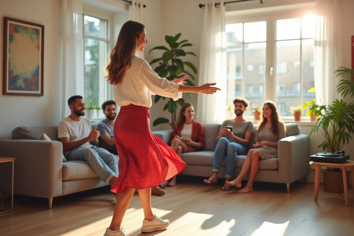 Femme démontrant les premiers pas du madison à des amis dans un salon moderne et lumineux