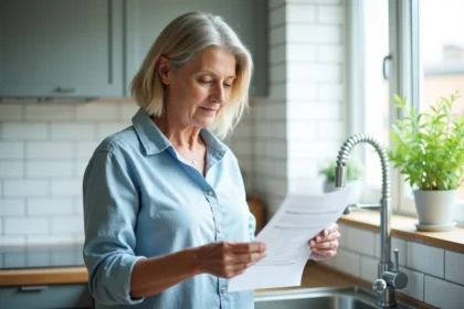 Femme lisant sa facture d'eau dans une cuisine moderne, robinet ouvert en arrière-plan