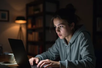 Jeune femme inquiète consultant son ordinateur portable sur la vie privée numérique et les fuites en ligne