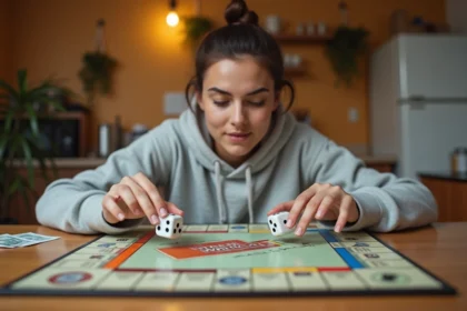 Jeune femme lançant les dés sur un plateau de jeu Monopoly posé sur une table en bois dans un appartement moderne