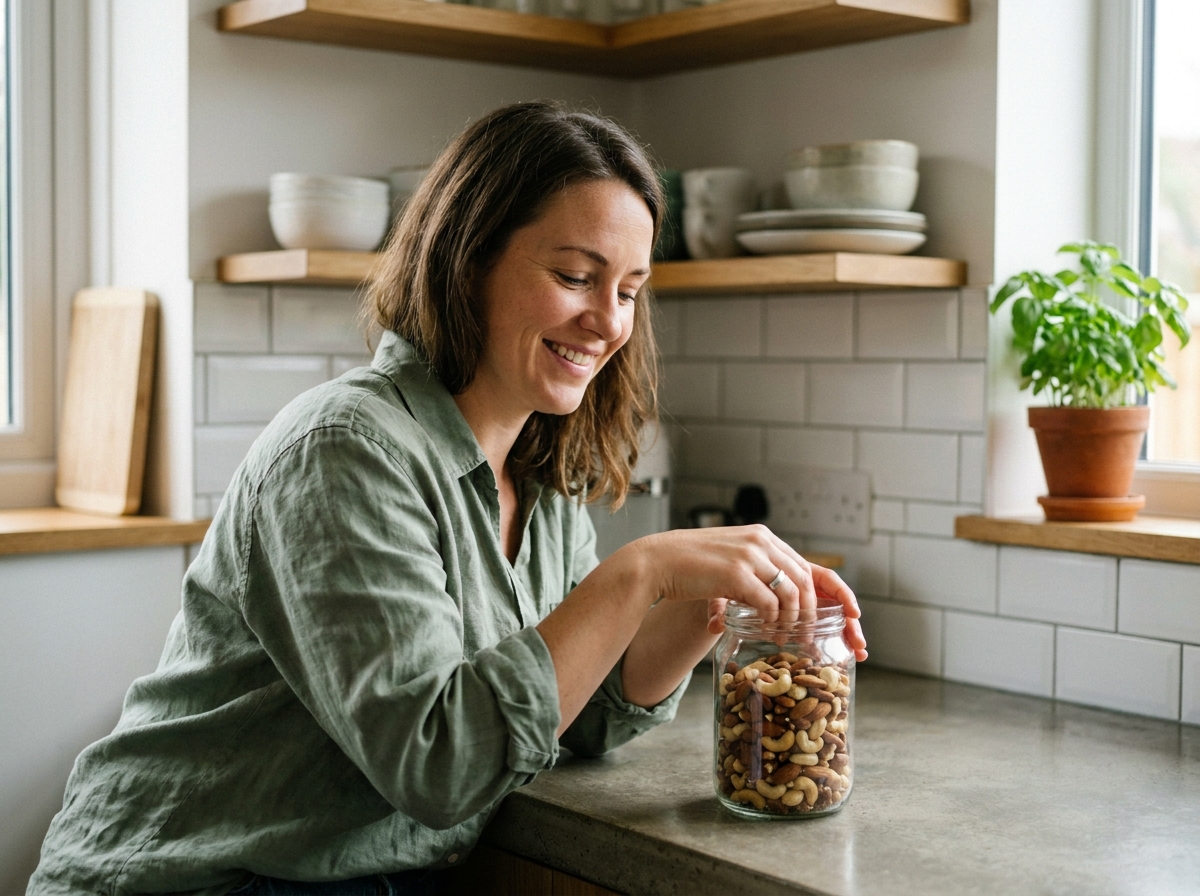 Jeune femme souriante se servant de noix dans un bocal en verre dans une cuisine moderne, concept de snack sain
