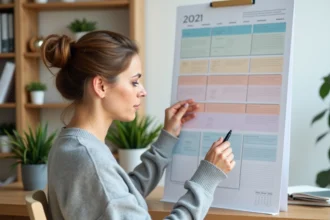 Femme consultant un tableau de semaines paires et impaires affiché sur un mur de bureau à domicile
