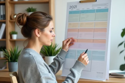 Femme consultant un tableau de semaines paires et impaires affiché sur un mur de bureau à domicile