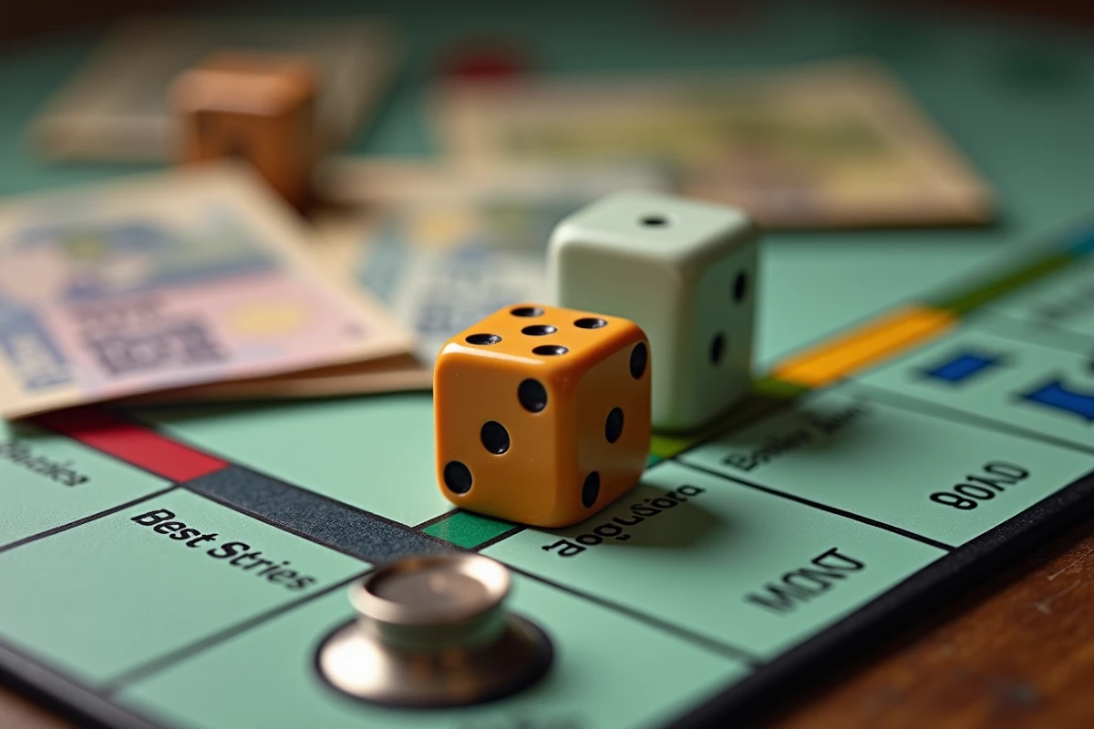 Gros plan sur les dés de Monopoly posés sur le plateau de jeu avec des billets et des cartes de propriété
