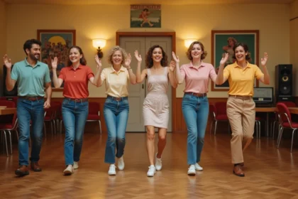 Groupe d'adultes dansant le madison en rangée synchronisée dans une salle de danse rétro aux parquets en bois