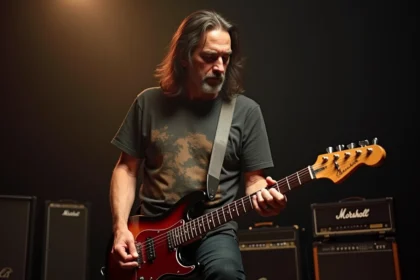 Guitariste aux cheveux longs jouant de la guitare électrique sur scène, ambiance rock authentique évoquant l'univers de Pat Smear avec Nirvana et Foo Fighters