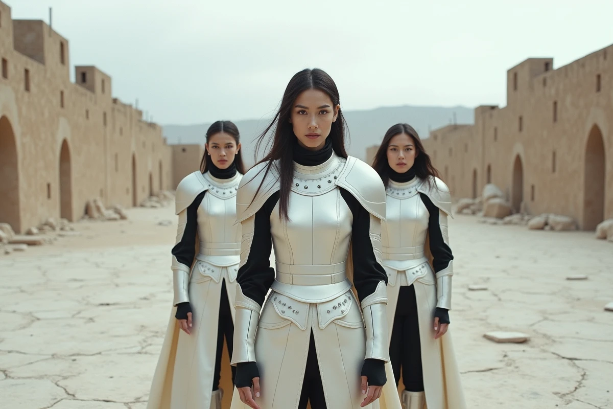 Trois femmes en armures blanches et noires dans une cour déserte, symbolisant loyauté, sacrifice et unité dans un univers fantastique