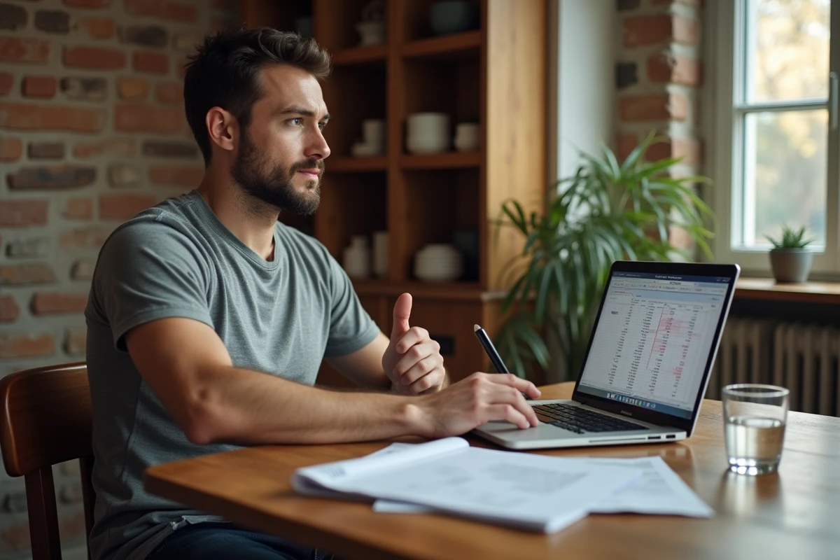 Homme comparant sa facture d'eau en litres et en mètres cubes sur un ordinateur portable à la maison