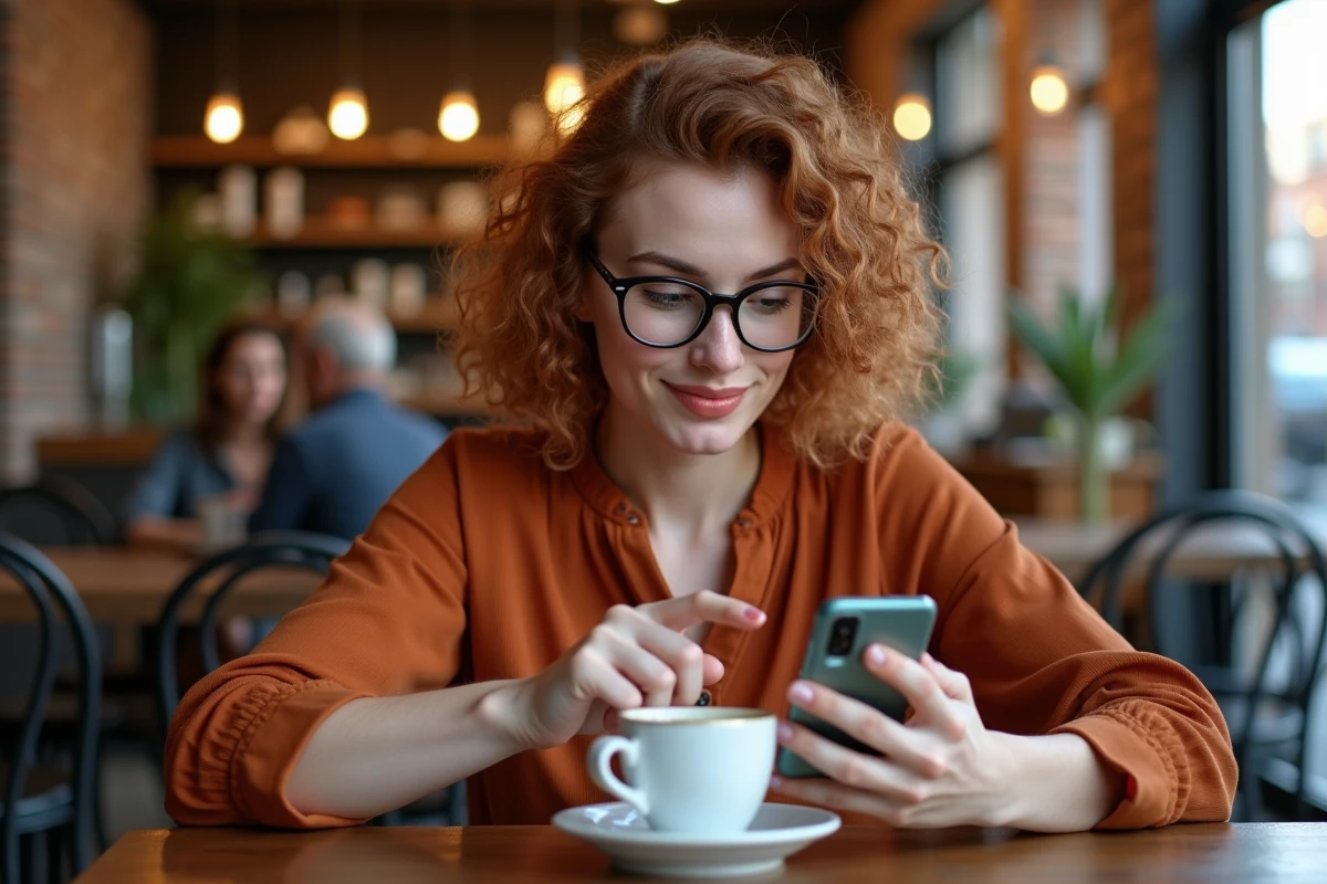 Jeune femme découvrant un blog sur son smartphone dans un café urbain avec une expression de curiosité
