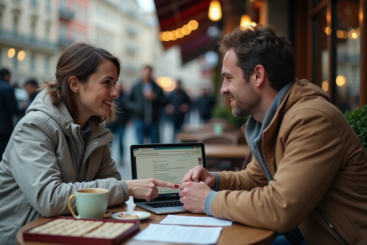 Deux joueurs de Scrabble vérifiant des mots autorisés sur un site web depuis un ordinateur portable en terrasse
