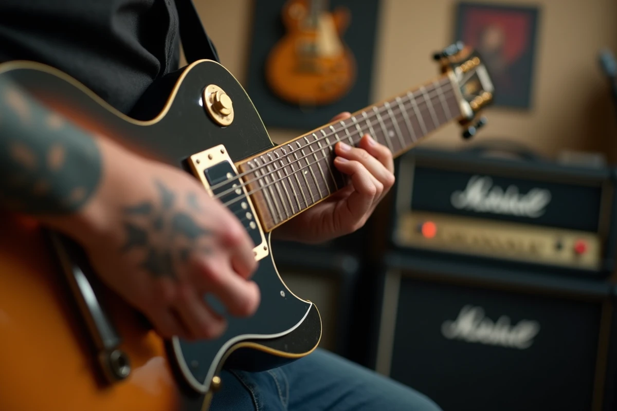 Gros plan sur les mains tatouées d'un guitariste jouant des accords sur une guitare vintage, détail évocateur du style musical de Pat Smear avec Nirvana et Foo Fighters