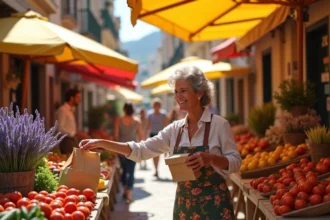 Marché provençal animé au Barcarès avec des étals colorés de fruits et légumes frais et une vendeuse en tablier floral