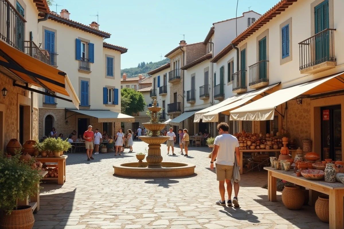 Place du village catalan près du Barcarès avec un marché artisanal de céramiques et fleurs sous des bâtisses traditionnelles
