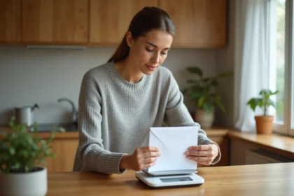 Femme pesant une lettre sur une balance postale numérique dans une cuisine moderne pour choisir le bon timbre