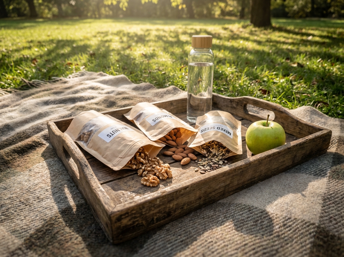 Plateau de pique-nique avec sachets de fruits à coque, amandes et noix en plein air sur une couverture dans l'herbe, snack écologique et naturel