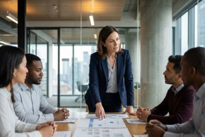 Dirigeante de PME présentant une structure de tête d'entreprise à son équipe en salle de réunion moderne
