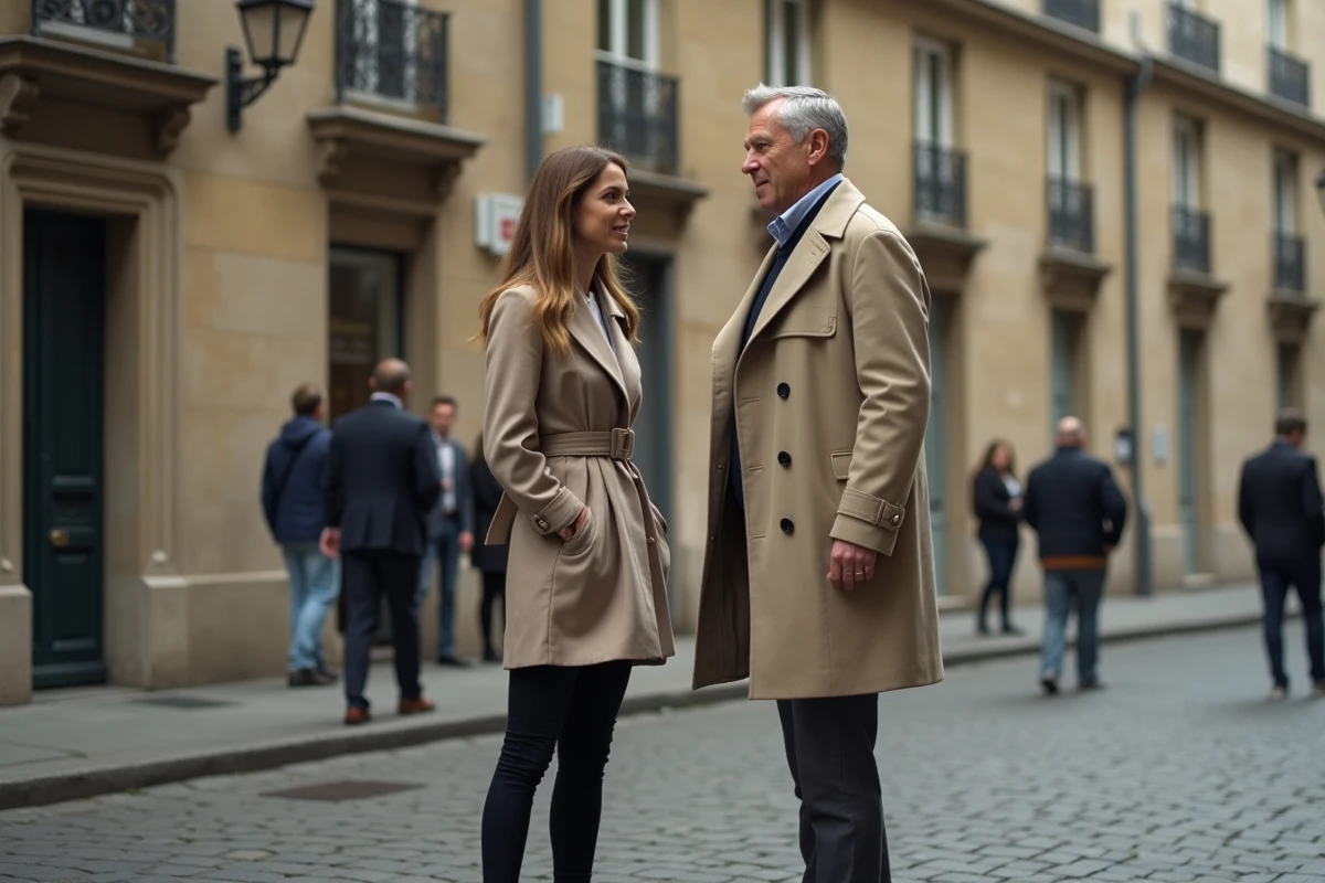Homme grand en trench coat beige comparé à une femme lors d'une conversation candide dans une rue parisienne, illustrant la perception visuelle et médiatique de la stature de Marc Lavoine