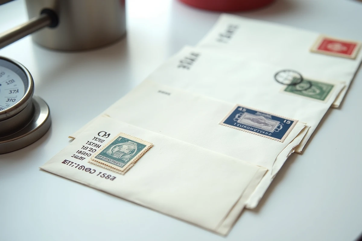 Vue du dessus d'enveloppes de différents formats avec timbres postaux français et balance de pesée sur bureau blanc