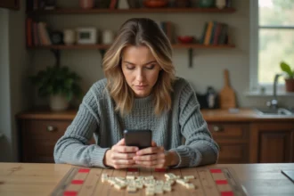 Femme vérifiant un mot Scrabble sur son smartphone devant un plateau de jeu