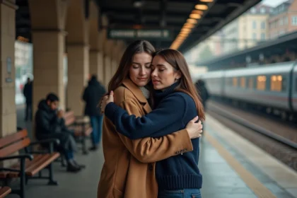Deux amies qui se serrent dans les bras lors d'un adieu émouvant sur un quai de gare, larmes aux yeux