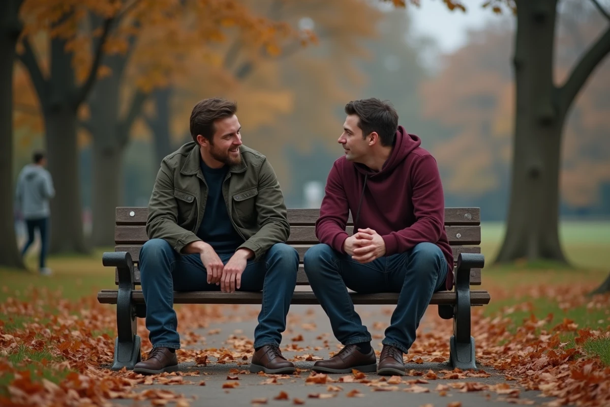 Deux amis en conversation sincère et émouvante sur un banc de parc en automne, feuilles mortes au sol