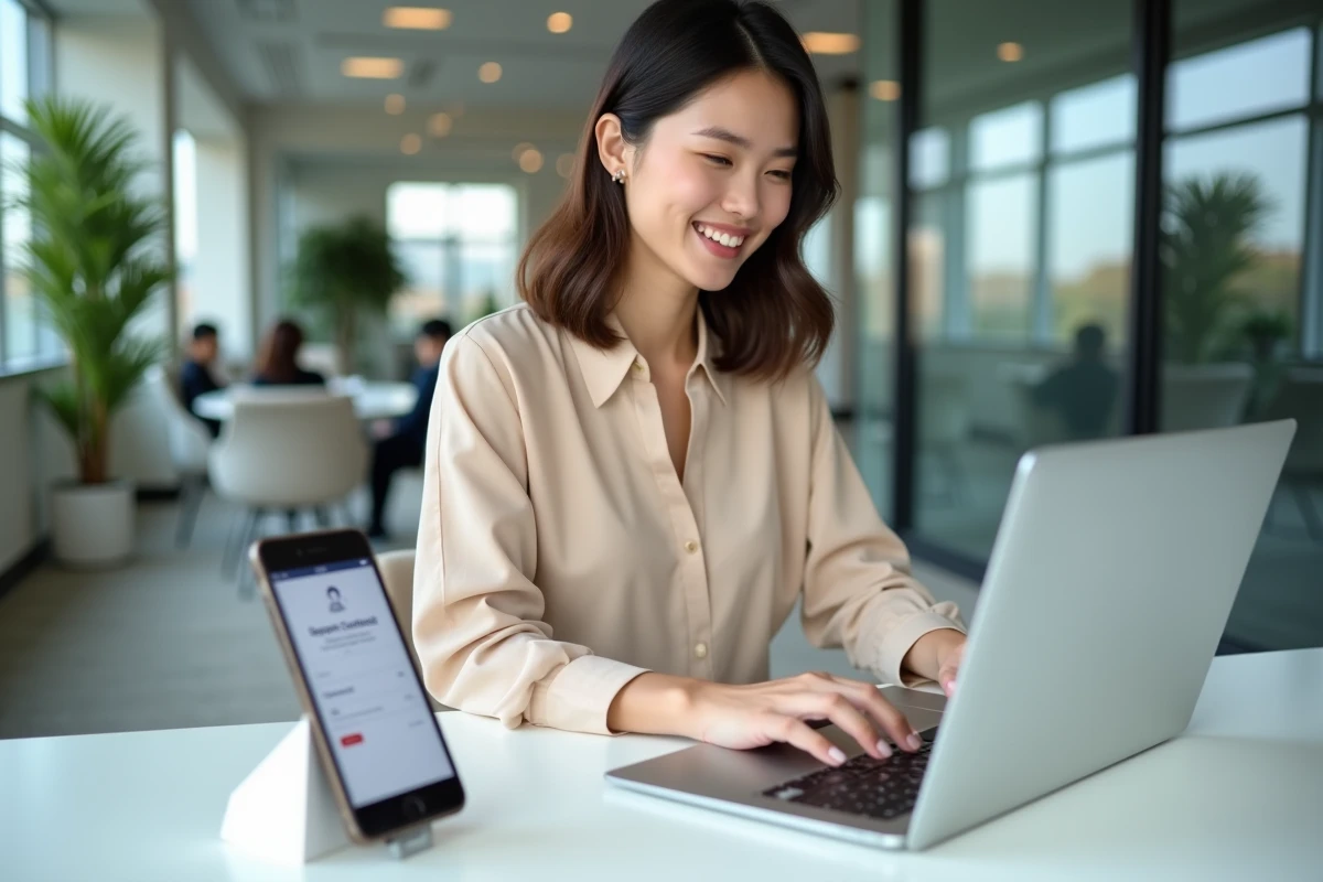 Jeune femme utilisant un annuaire inversé intégré sur smartphone et ordinateur au bureau